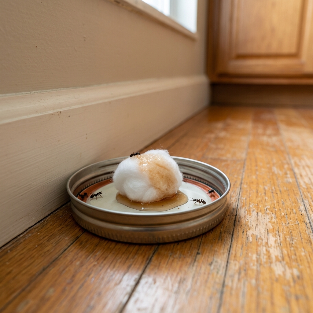 A real photograph of a small homemade ant bait station made from a jar lid with a cotton ball soaked in sugar solution placed near a kitchen wall