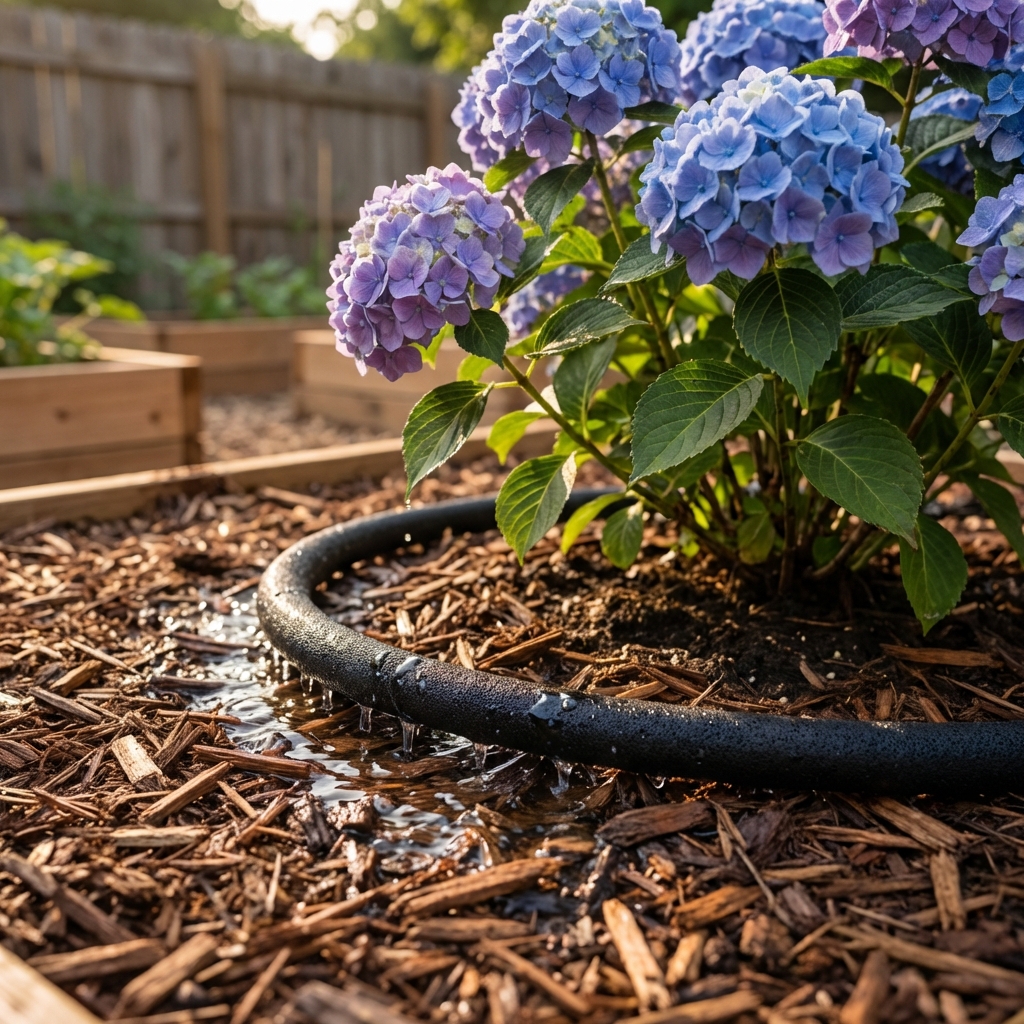 A real photograph of a soaker hose watering the base of a hydrangea with mulch around the plant