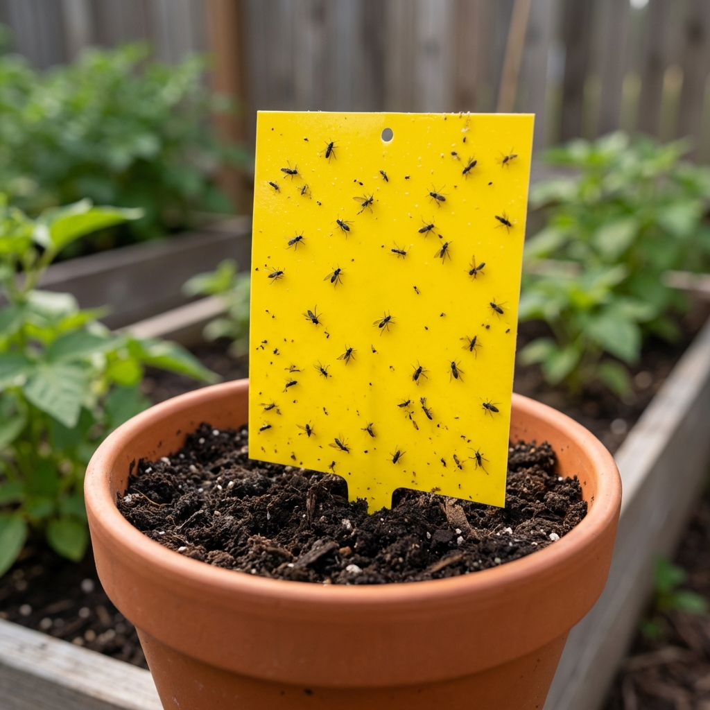 A real photograph of a yellow sticky trap stuck into potting soil with several small gnats caught on it