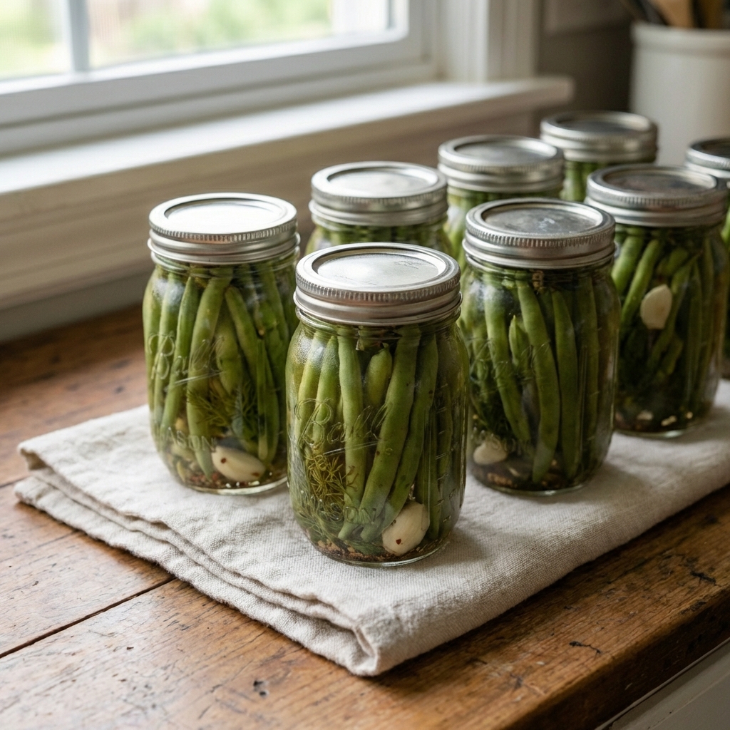 A real photograph of sealed pint jars of pickled green beans cooling on a folded towel on a kitchen counter