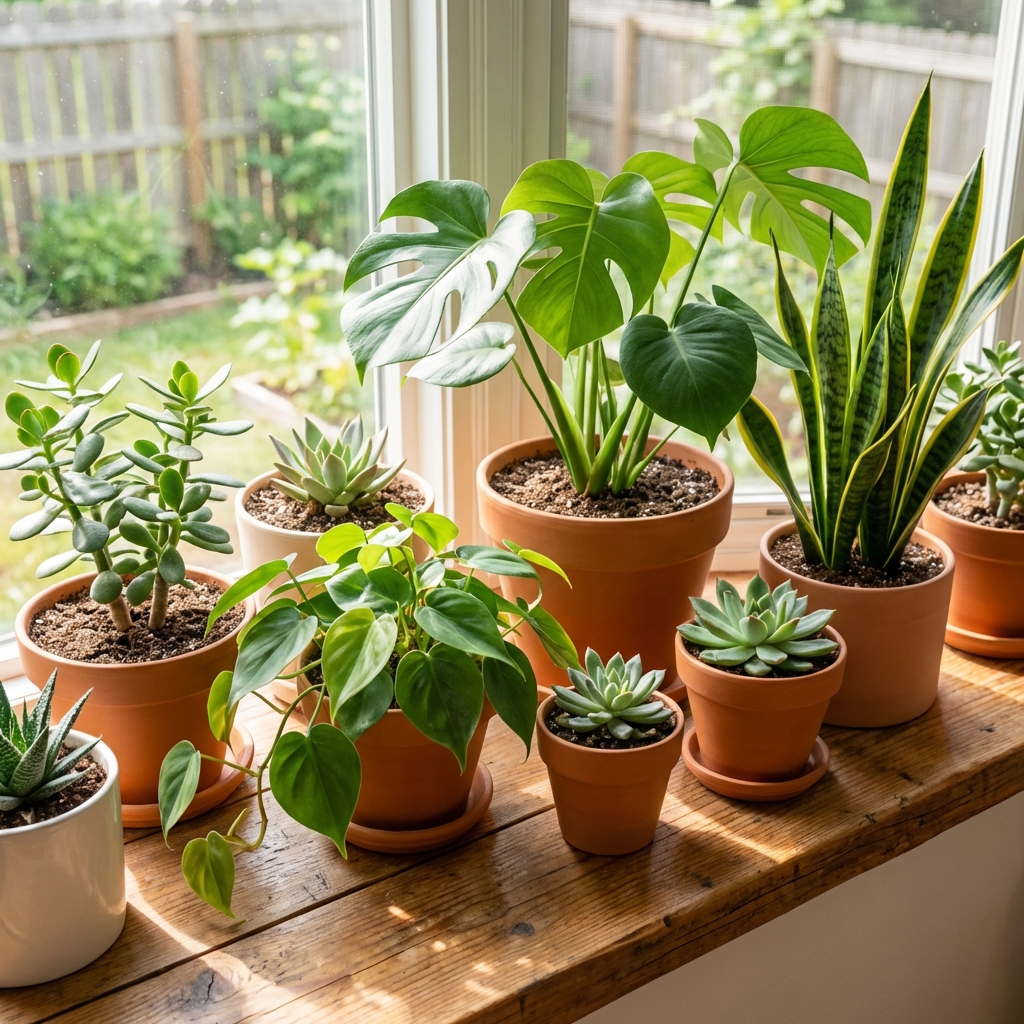 A real photograph of several healthy houseplants grouped together on a bright windowsill with clean pots and dry soil surfaces