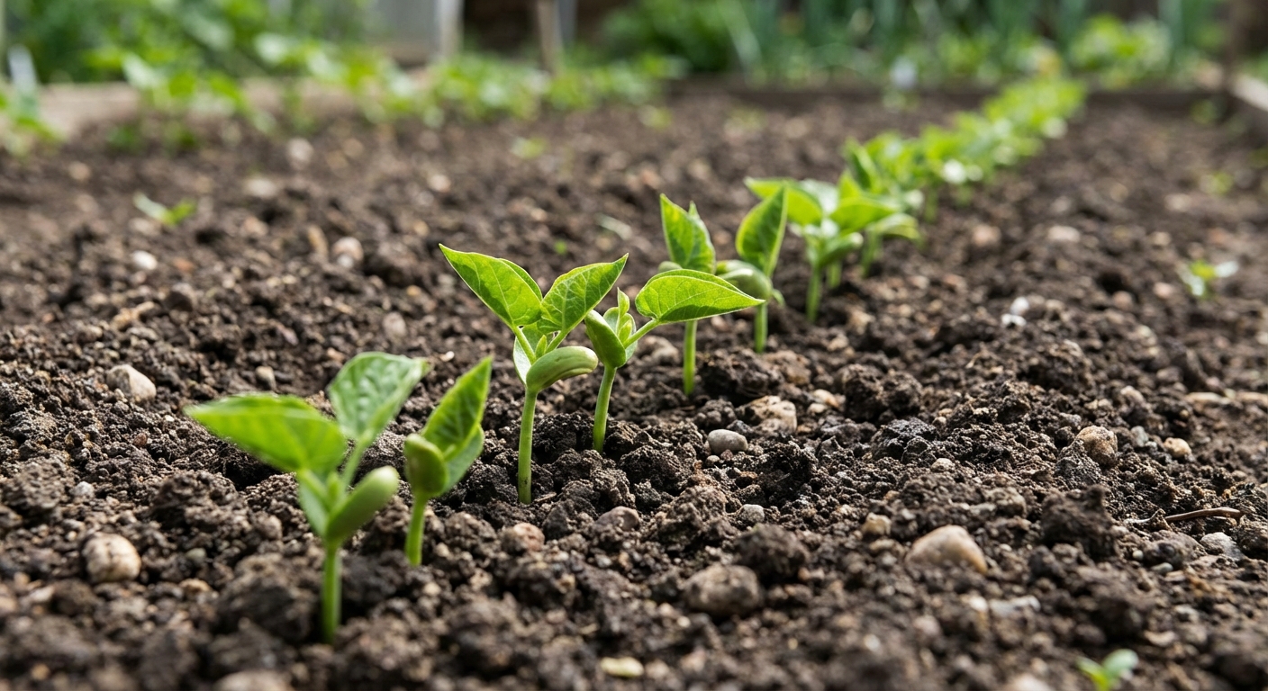 A real photograph of tiny green bean seedlings just emerging from soil in a neat row outdoors