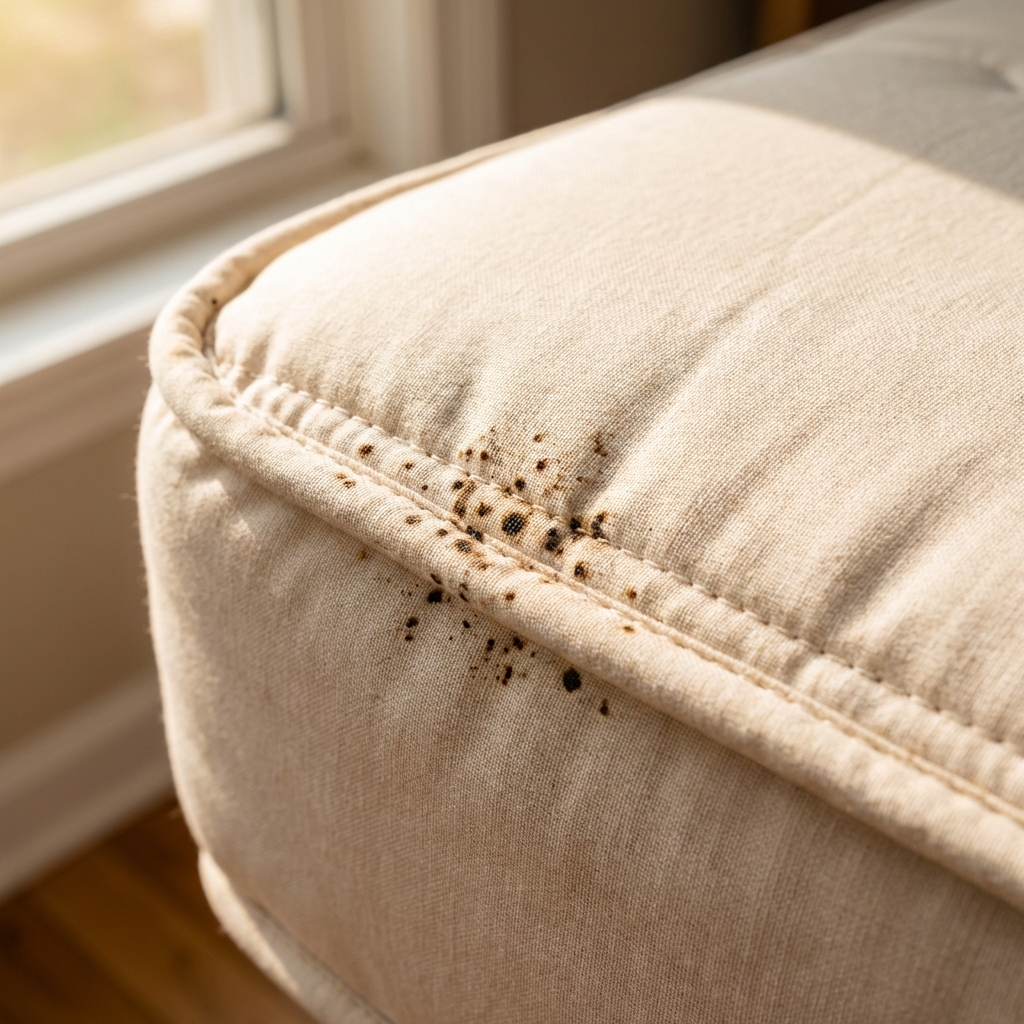 A single photograph of small dark spots along a light-colored mattress seam