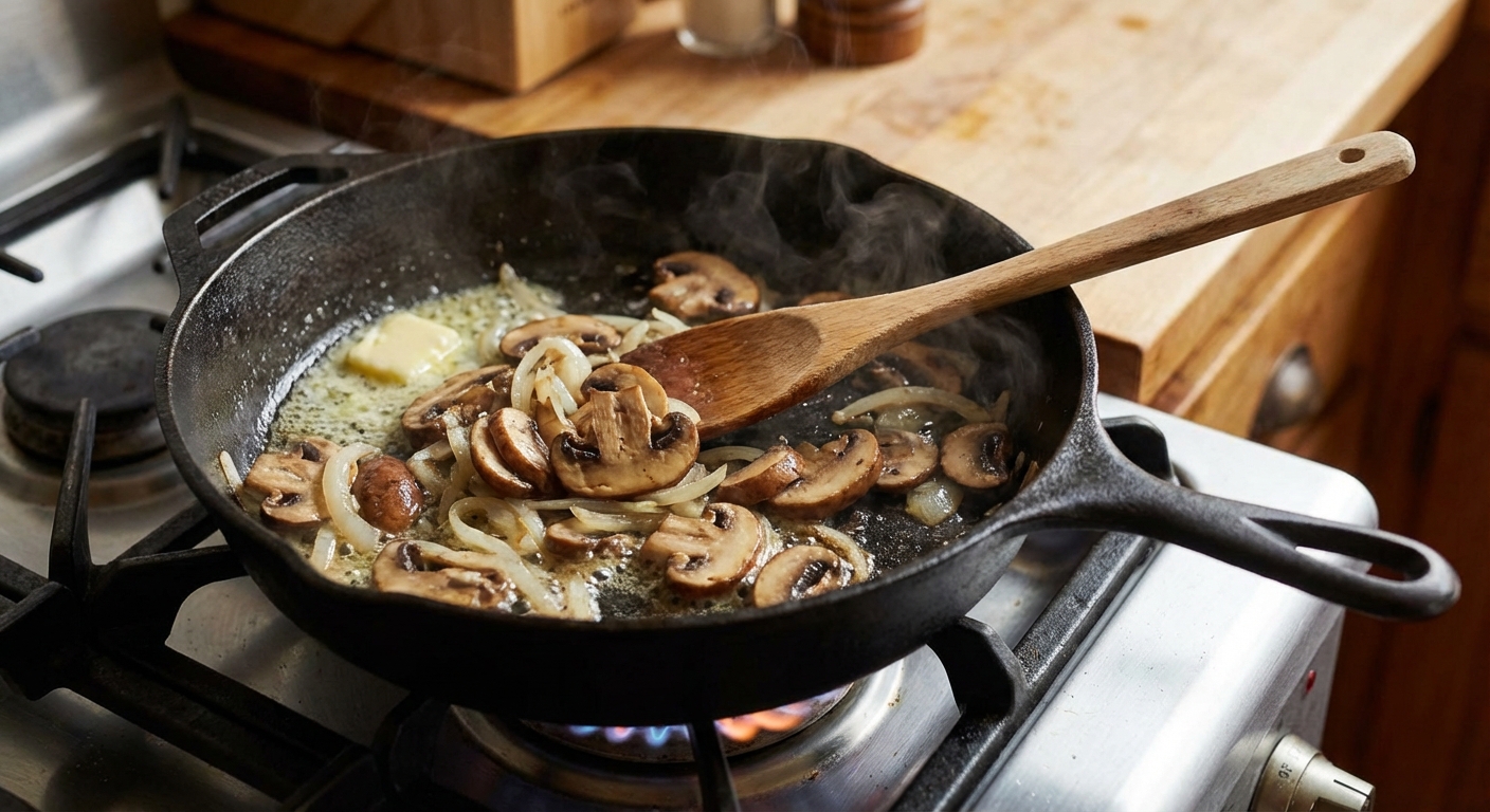 A skillet with sliced mushrooms and onions sautéing in butter on a stovetop
