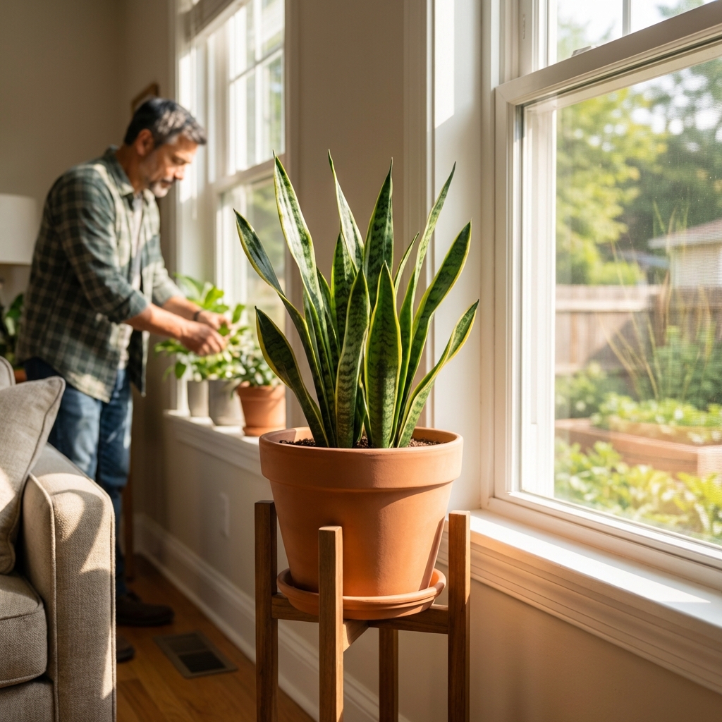 A snake plant placed a few feet from a sunny window in a living room