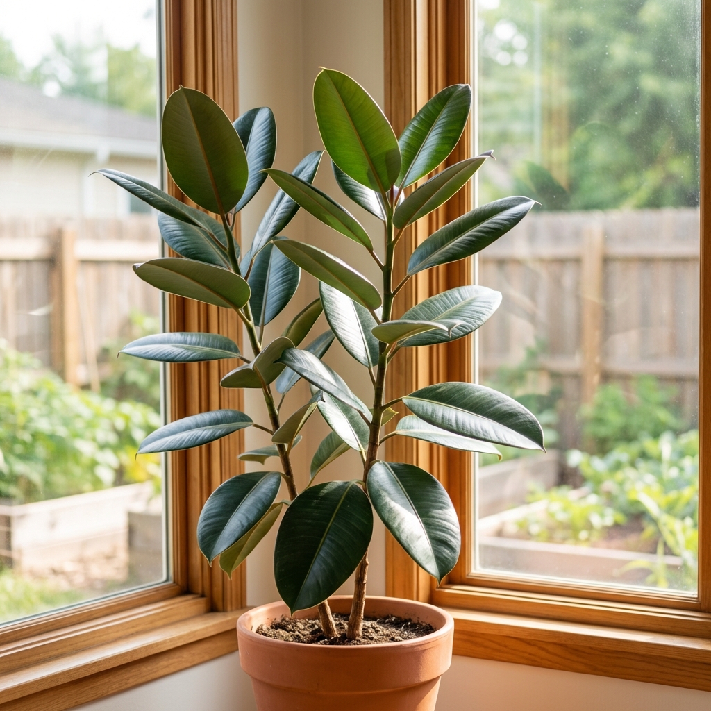 A tall rubber plant with glossy dark green leaves standing by a bright window