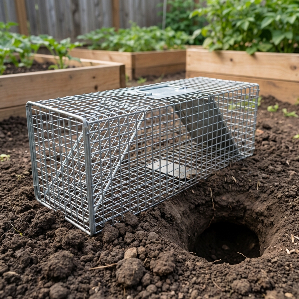 A wire live trap positioned level on soil beside a groundhog burrow opening