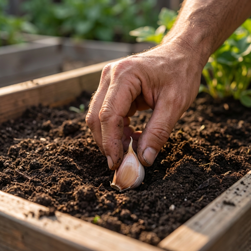 Close-up photo of a hand placing a garlic clove pointy side up into a small hole in garden soil