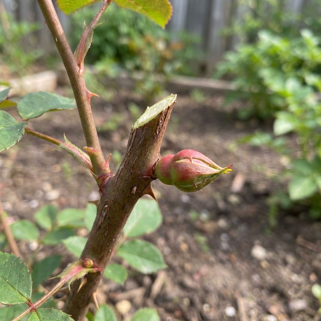 Close-up photo of a rose cane cut at a slight angle about a quarter inch above a swollen outward-facing bud