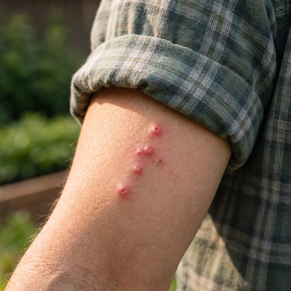 Close-up photo of several small red bumps in a short line on an upper arm