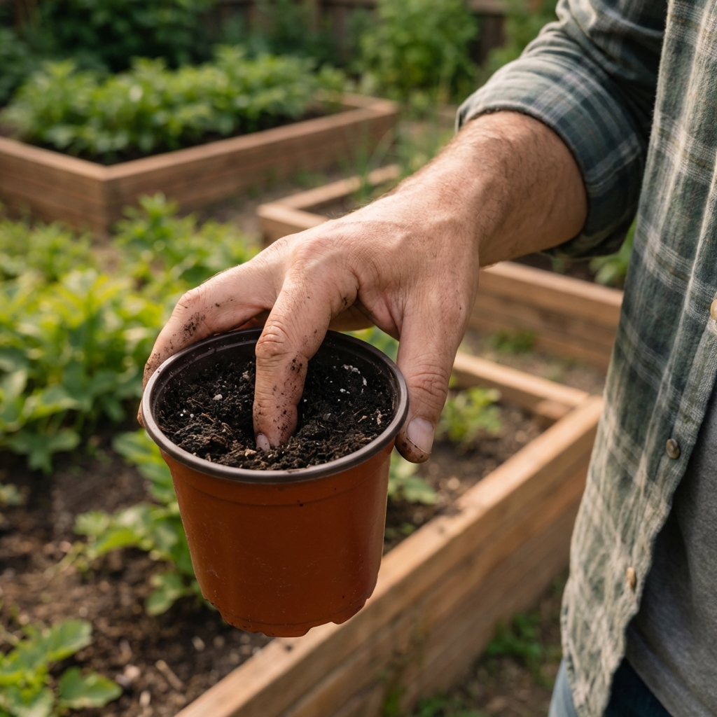 Hand checking soil moisture with a finger in a small nursery pot