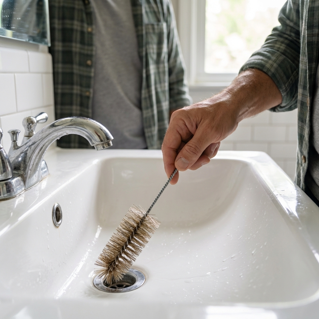 Hand holding a drain brush above a bathroom sink drain