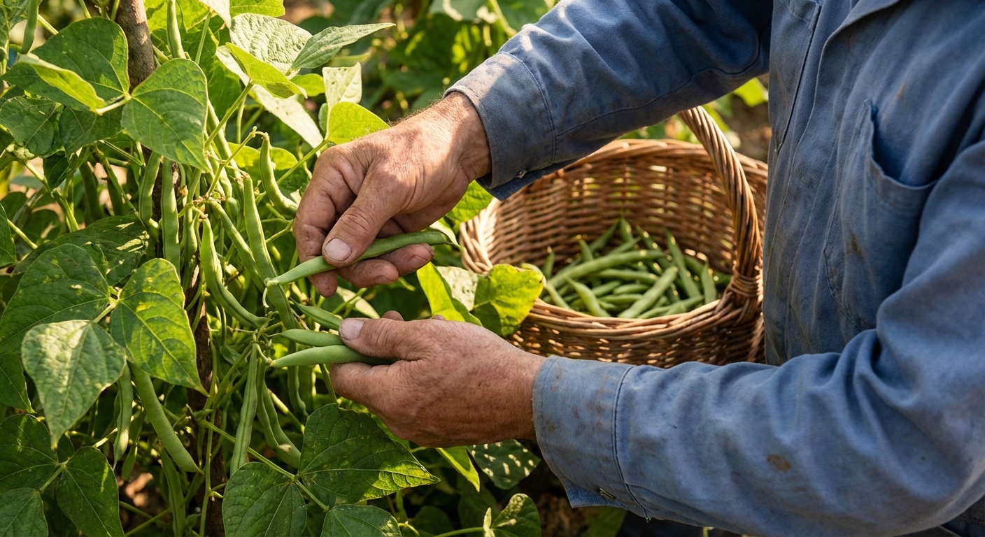 Hands harvesting fresh green bean pods from a bush bean plant