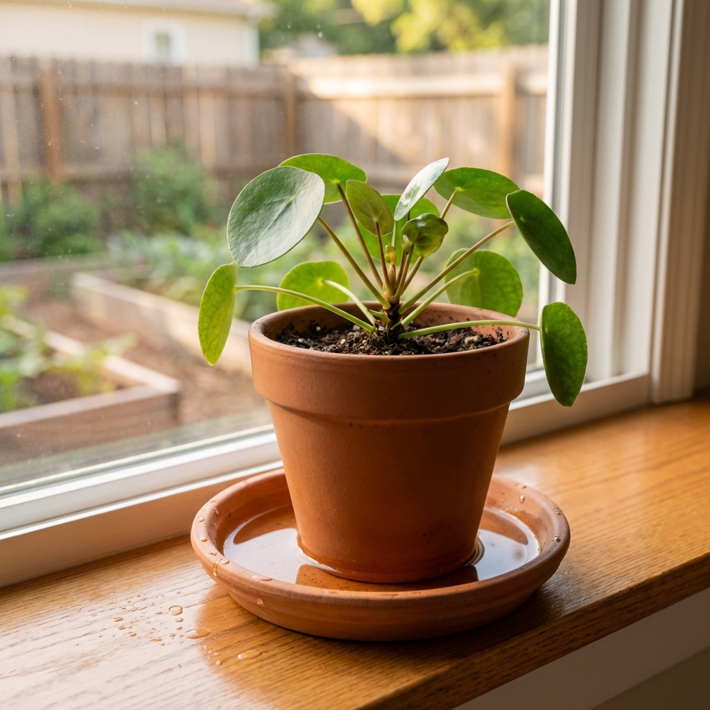 Houseplant pot sitting in a wet saucer on a windowsill