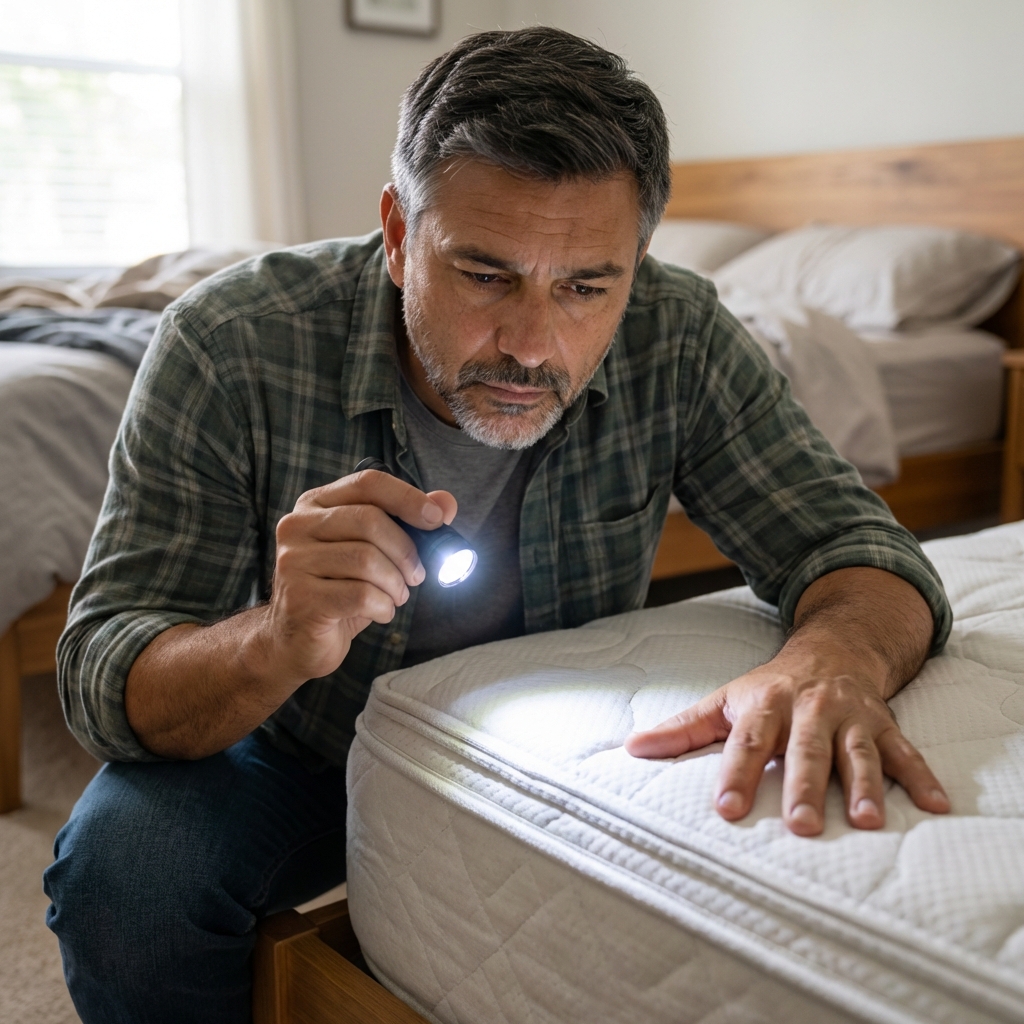 Inspecting a mattress seam with a flashlight