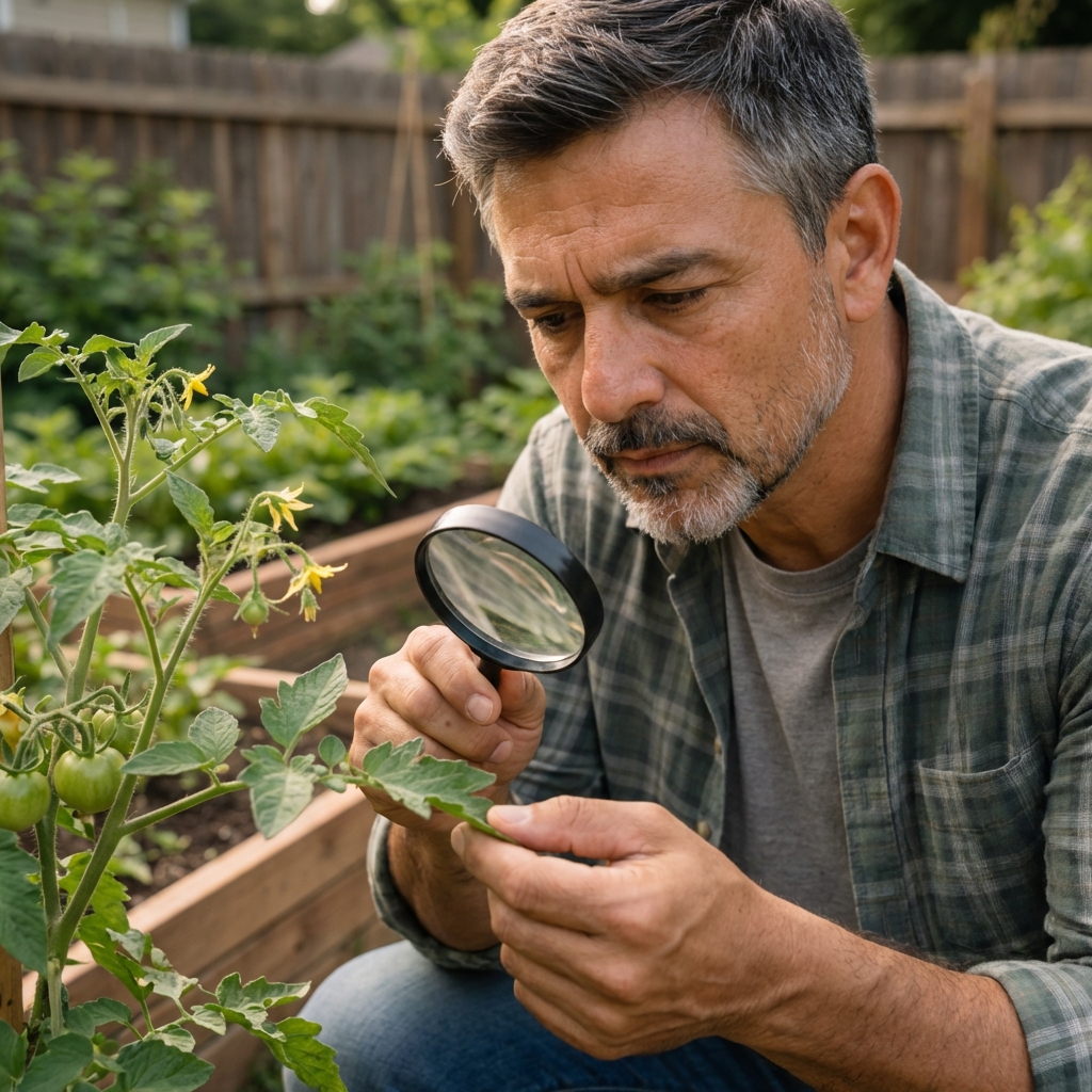 Jose Britto checking a tomato leaf for pests