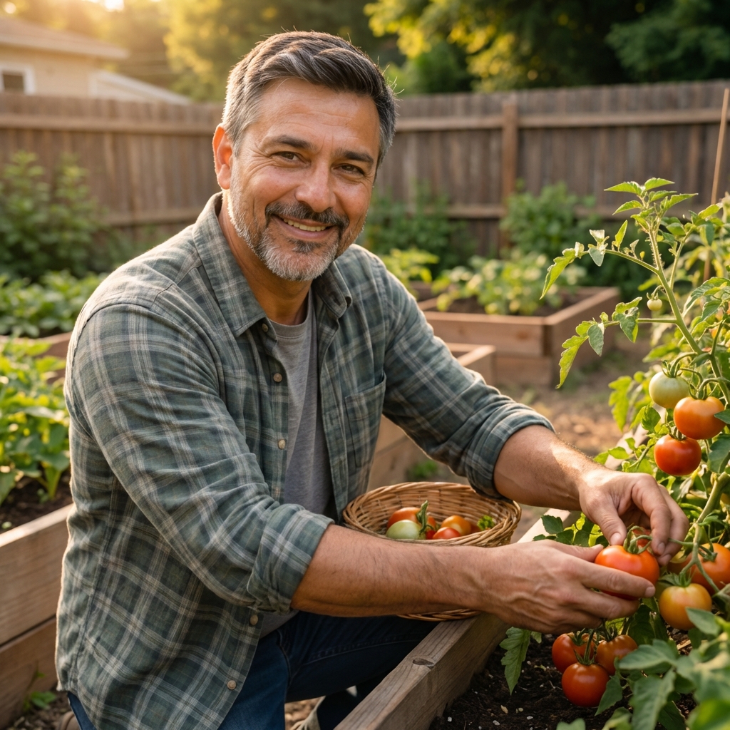 Jose Britto harvesting from a raised bed