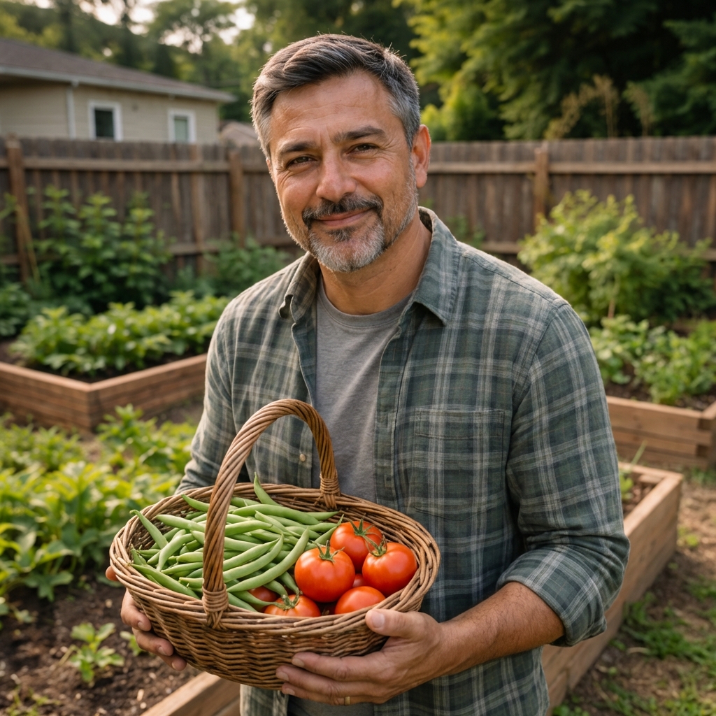 Jose Britto holding a basket with green beans and tomatoes
