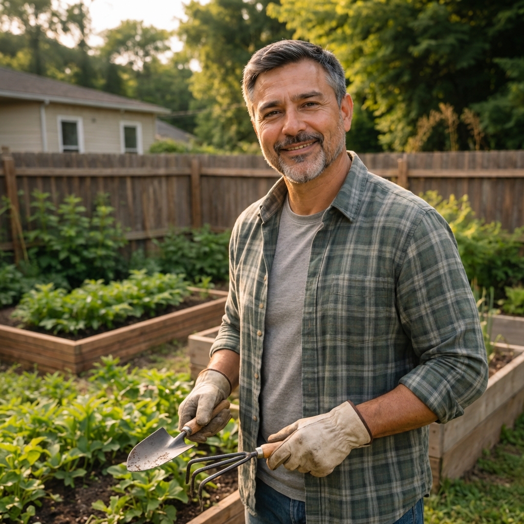 Jose Britto standing by a raised bed with gloves and tools
