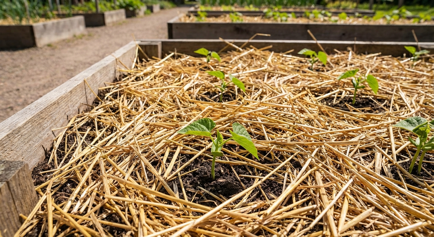 Raised bed with young bush bean plants and straw mulch covering the soil