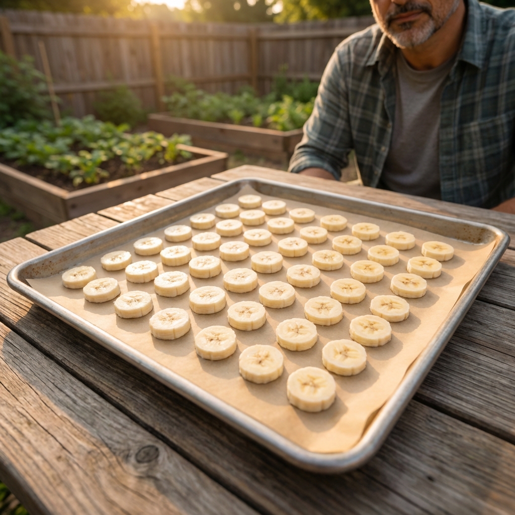 Sliced bananas spread in a single layer on a parchment-lined baking sheet ready to freeze